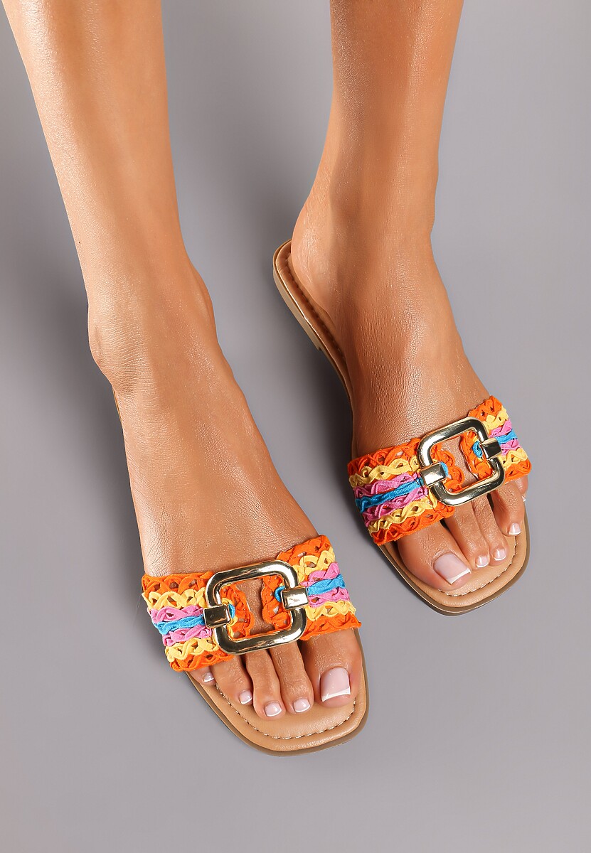 Beżowe Płaskie Klapki ze Złotą Klamrą Efimue