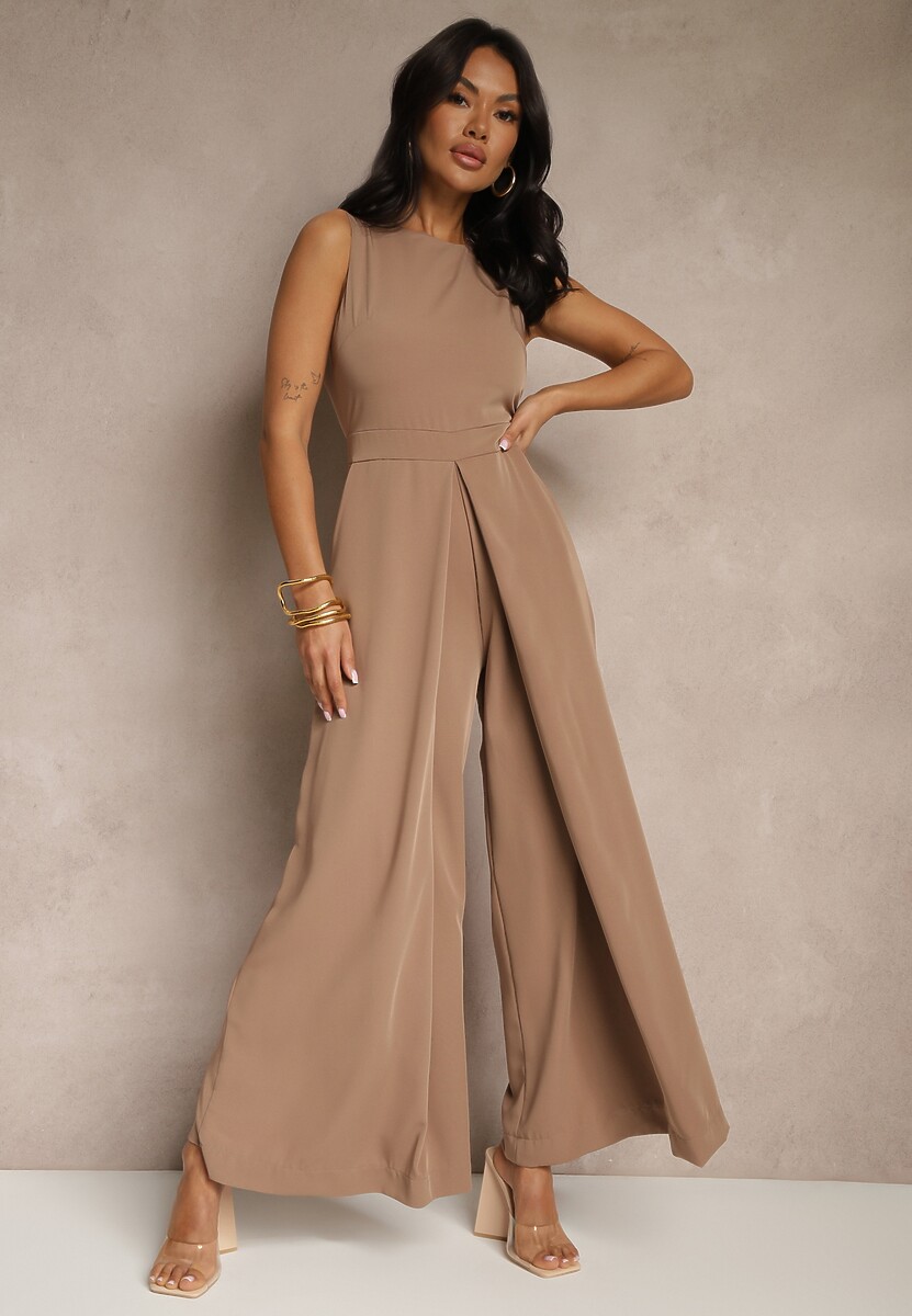 Ciemnobeżowy Kombinezon Bez Rękawów z Nogawkami Wide Leg Noreldi