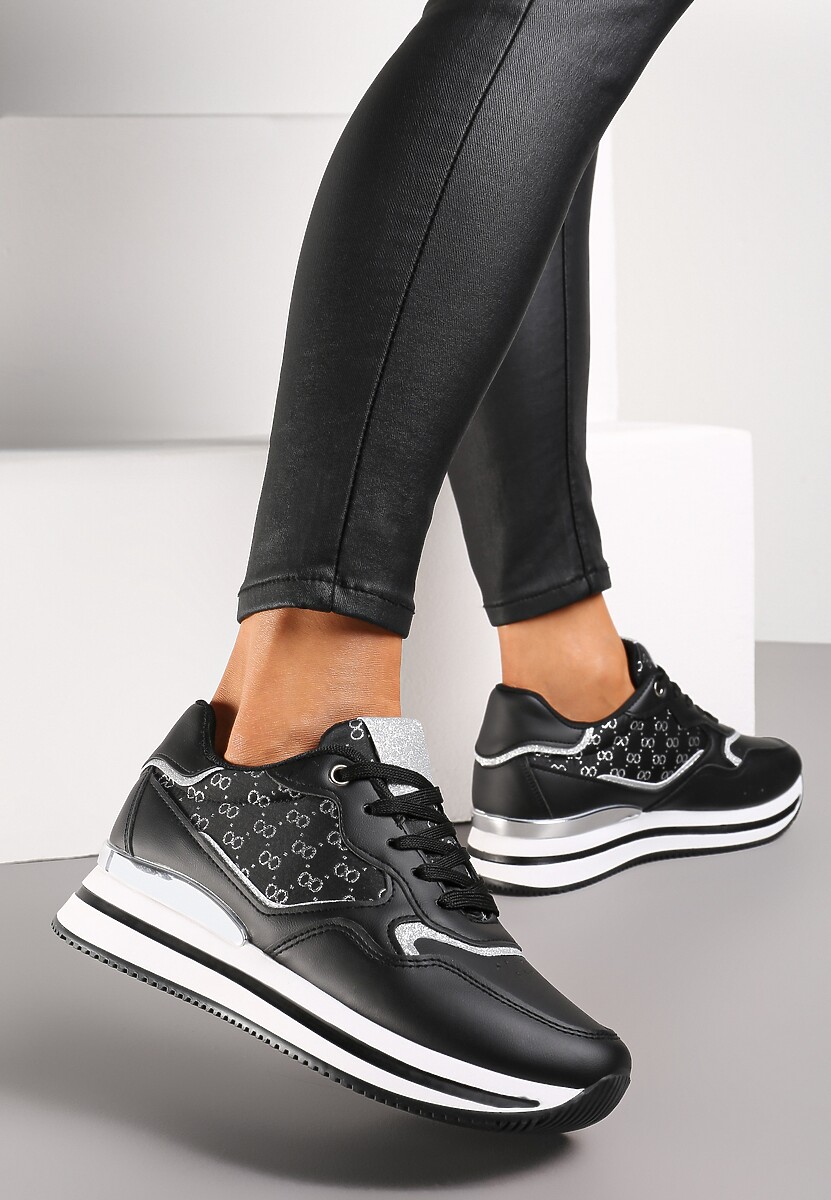 Czarne Sneakersy na Grubej Podeszwie z Metaliczną Wstawką Piria
