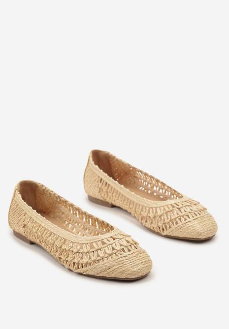 Beżowe Płaskie Balerinki z Imitacji Skóry o Ażurowym Wykończeniu Yines