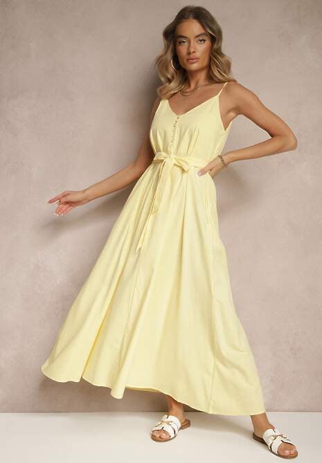 Żółta Sukienka z Bawełną i Wiskozą z Ozdobnym Paskiem Savaine