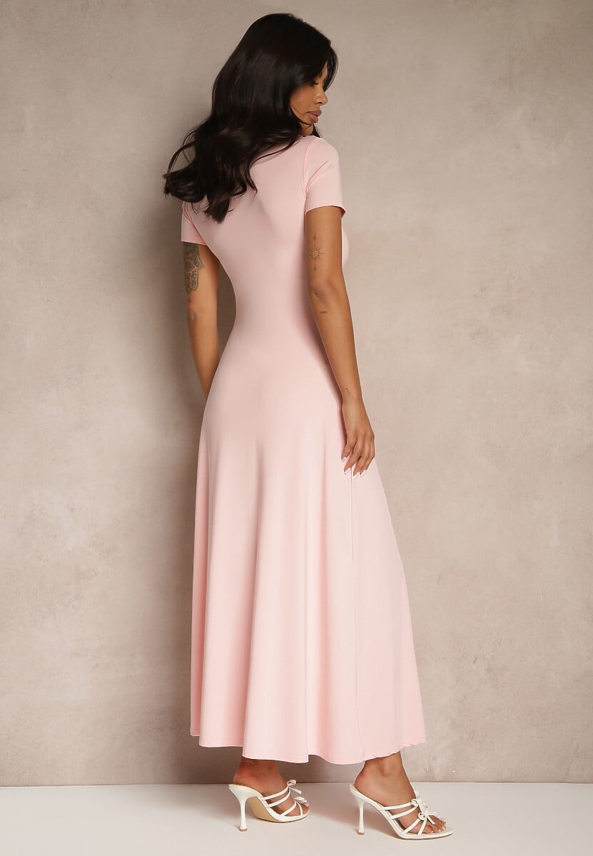 Różowa Taliowana Sukienka z Krótkim Rękawem Liranisea