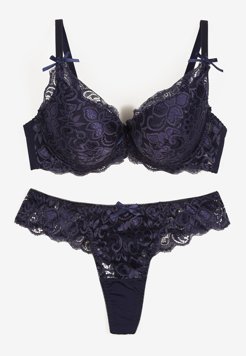 Granatowy Komplet Bielizny z Koronką i Kokardkami Biustonosz i Stringi Nasorinne