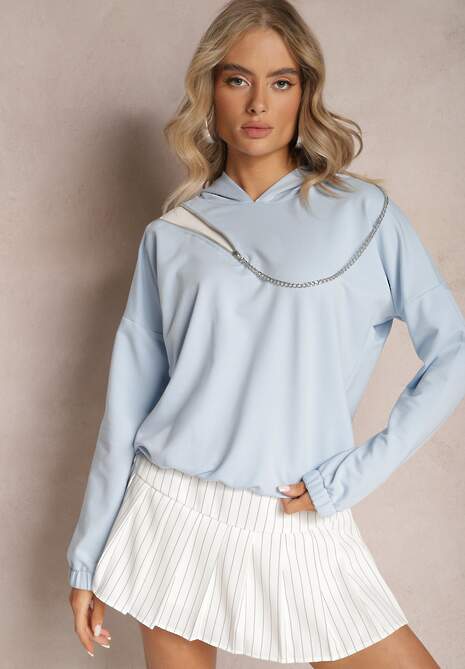 Niebieska Asymetryczna Bluza z Bawełny z Kapturem i Ozdobnym Suwakiem Lueur