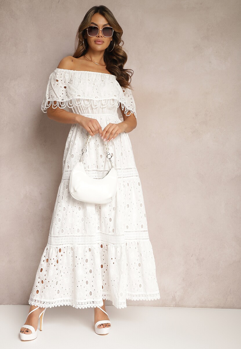 Biała Bawełniana Sukienka Hiszpanka z Ażurowymi Wstawkami Irinias