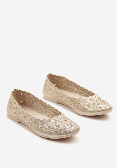 Złote Ażurowe Balerinki Vices z Haftem w Kwiaty Efasania