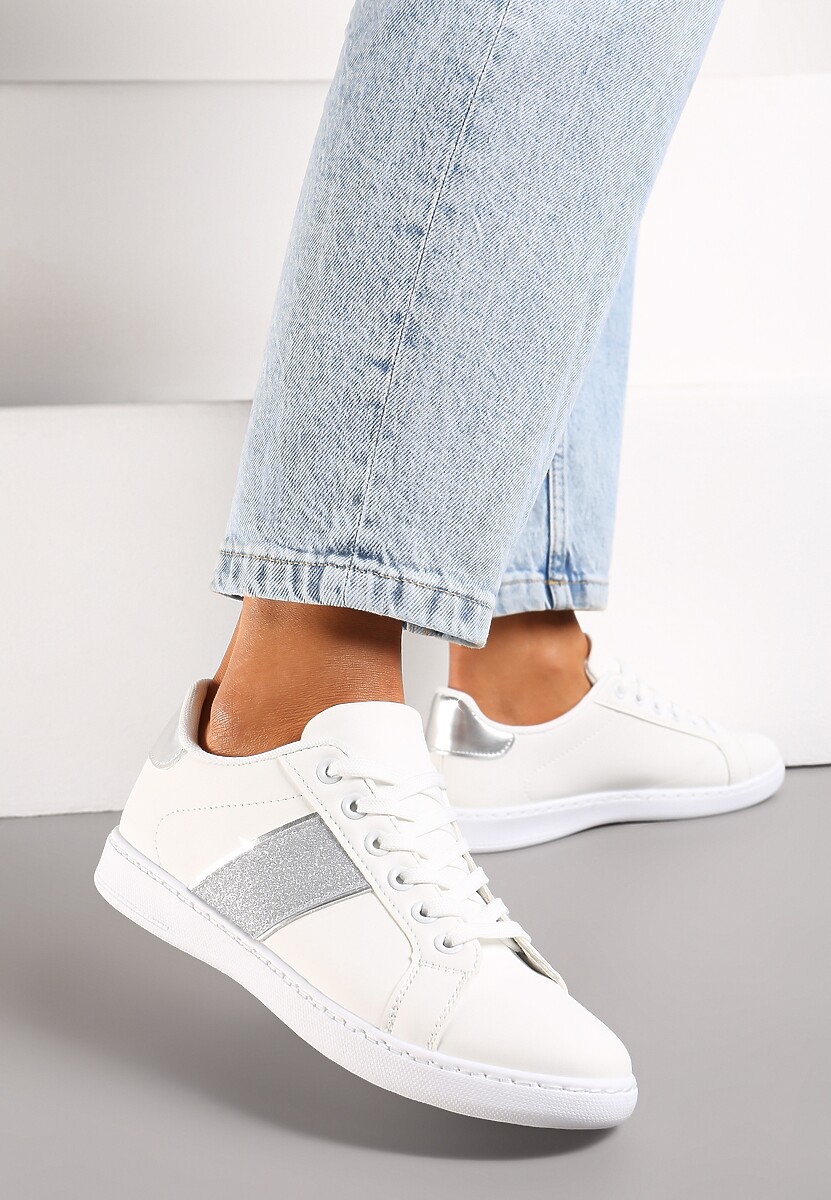 Biało-Srebrne Sneakersy Sznurowane Ozdobione Brokatem Vistasta