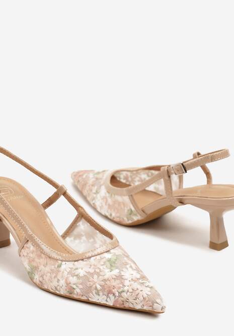 Beżowe Siateczkowe Sandały na Kaczuszce z Noskiem w Szpic w Kwiatki Lisania