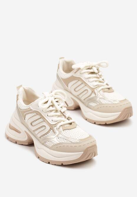 Beżowe Sneakersy na Platformie z Tłoczeniem z Geometrycznym Motywem Delothiel