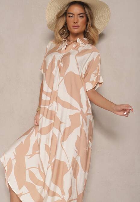 Brązowa Rozkloszowana Sukienka w Abstrakcyjny Wzór z Bawełną Telianiela