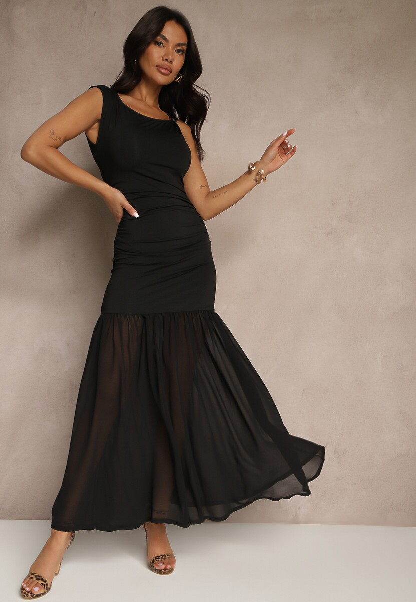 Czarna Sukienka Koktajlowa z Wiskozą i Marszczeniem Galoriella