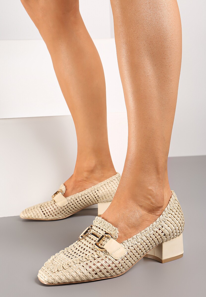Beżowe Czółenka na Obcasie w Typie Mokasynów z Ażurową Plecioną Cholewką Effissa