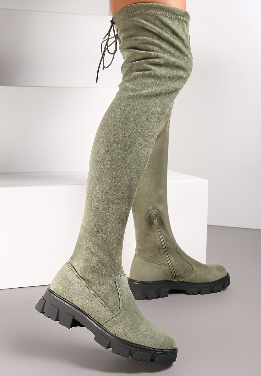 Zielone Kozaki z Dopasowaną Cholewką za Kolano Cilki