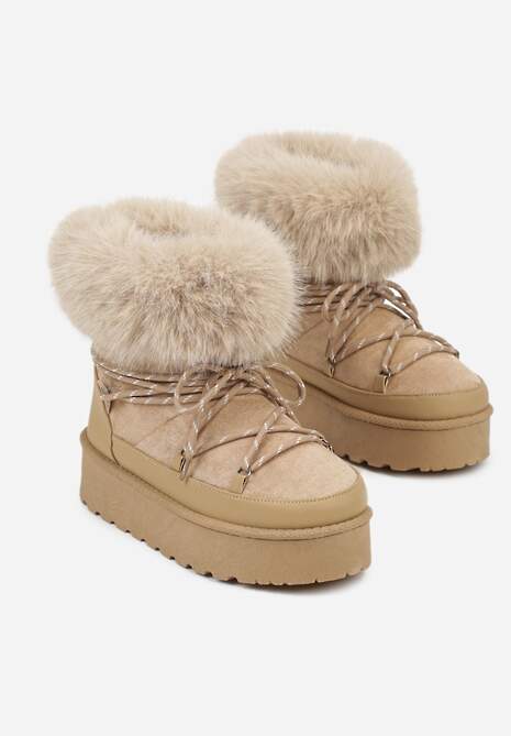 Ciemnobeżowe Śniegowce na Platformie Ozdobione Futerkiem Teswena