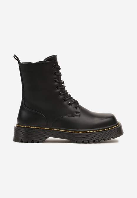 Czarne Sznurowane Ocieplone Botki na Platformie w Stylu Workerów Crecca