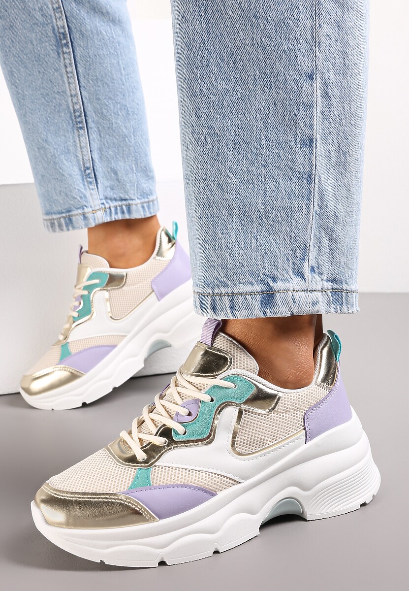 Biało-Fuksjowe Sneakersy na Grubej Podeszwie ze Wstawkami z Perforacją Lanya