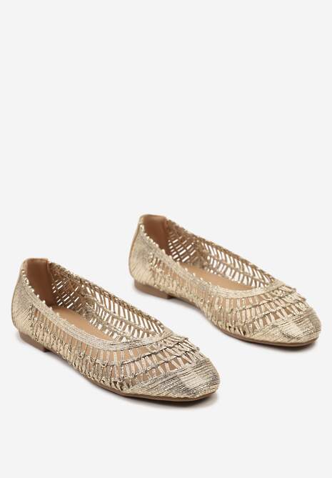 Złote Płaskie Balerinki z Imitacji Skóry o Ażurowym Wykończeniu Yines