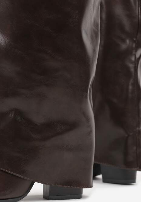 Brązowe Kozaki na Stożkowym Obcasie Ozdobione Wywiniętą Cholewką Nalunisa