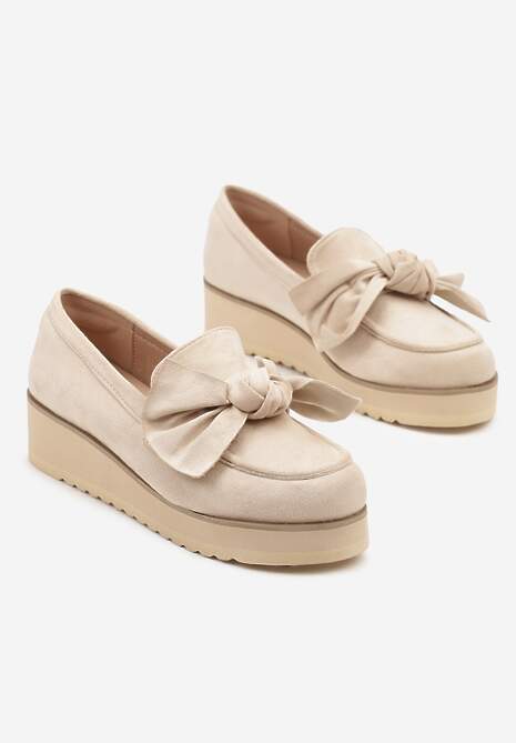 Beżowe Mokasyny z Ekozamszu na Niskiej Platformie z Ozdobną Kokardą Nusalena