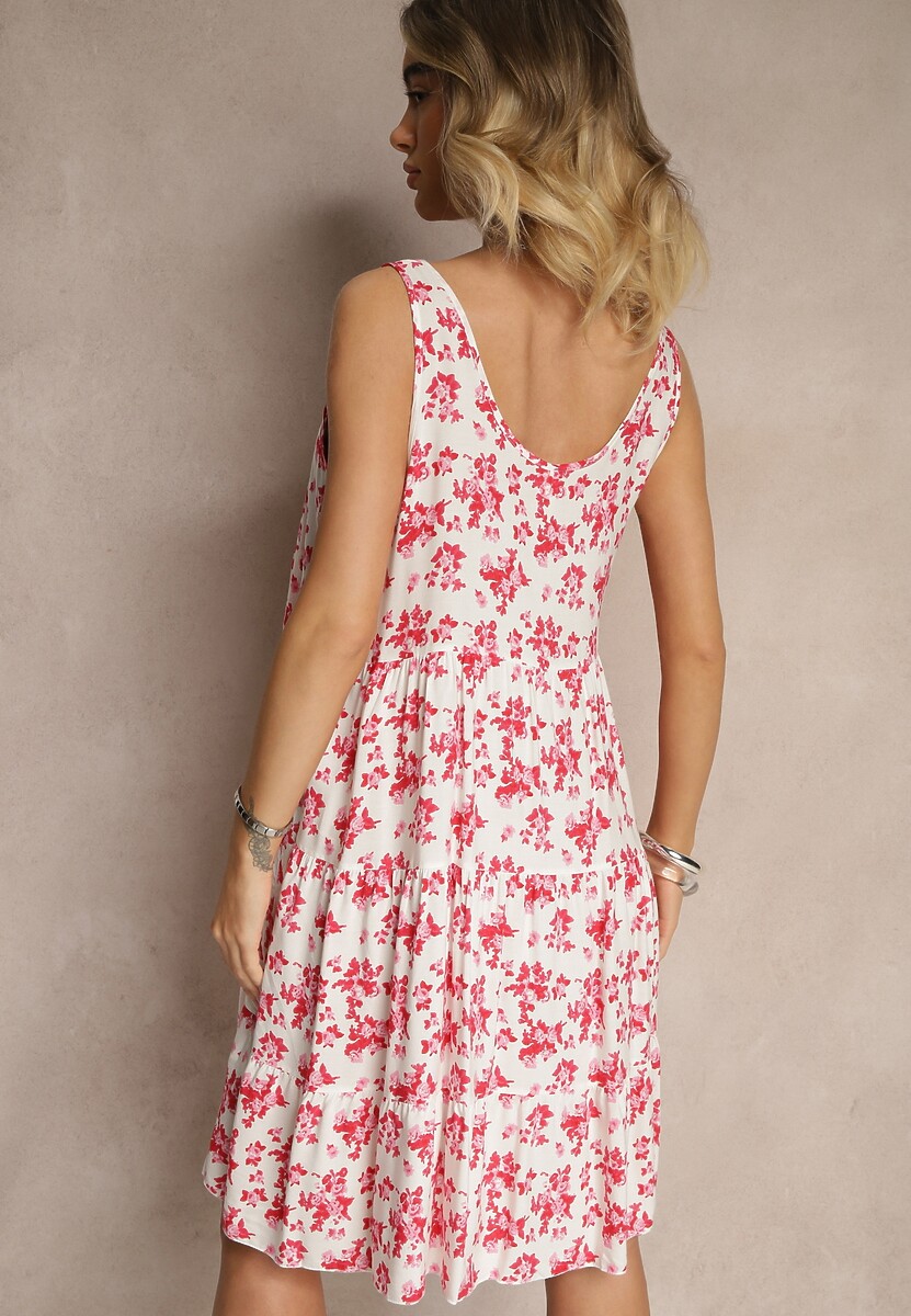 Biało-Różowa Bawełniana Sukienka o Rozkloszowanym Kroju w Kwiaty Anniliane
