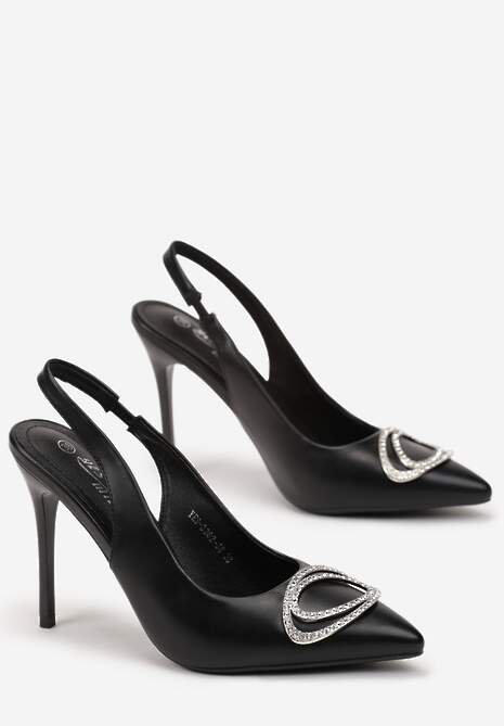 Czarne Sandały na Szpilce z Otwartą Piętą i Ozdobą w Cyrkonie Aignella