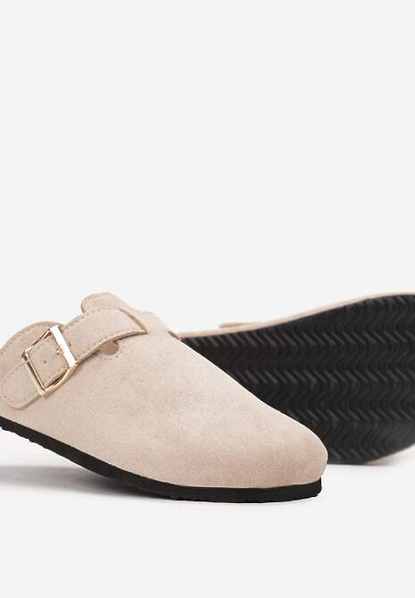 Beżowe Klapki na Płaskiej Podeszwie z Korka z Klamerką i Okrągłym Noskiem Shamsa