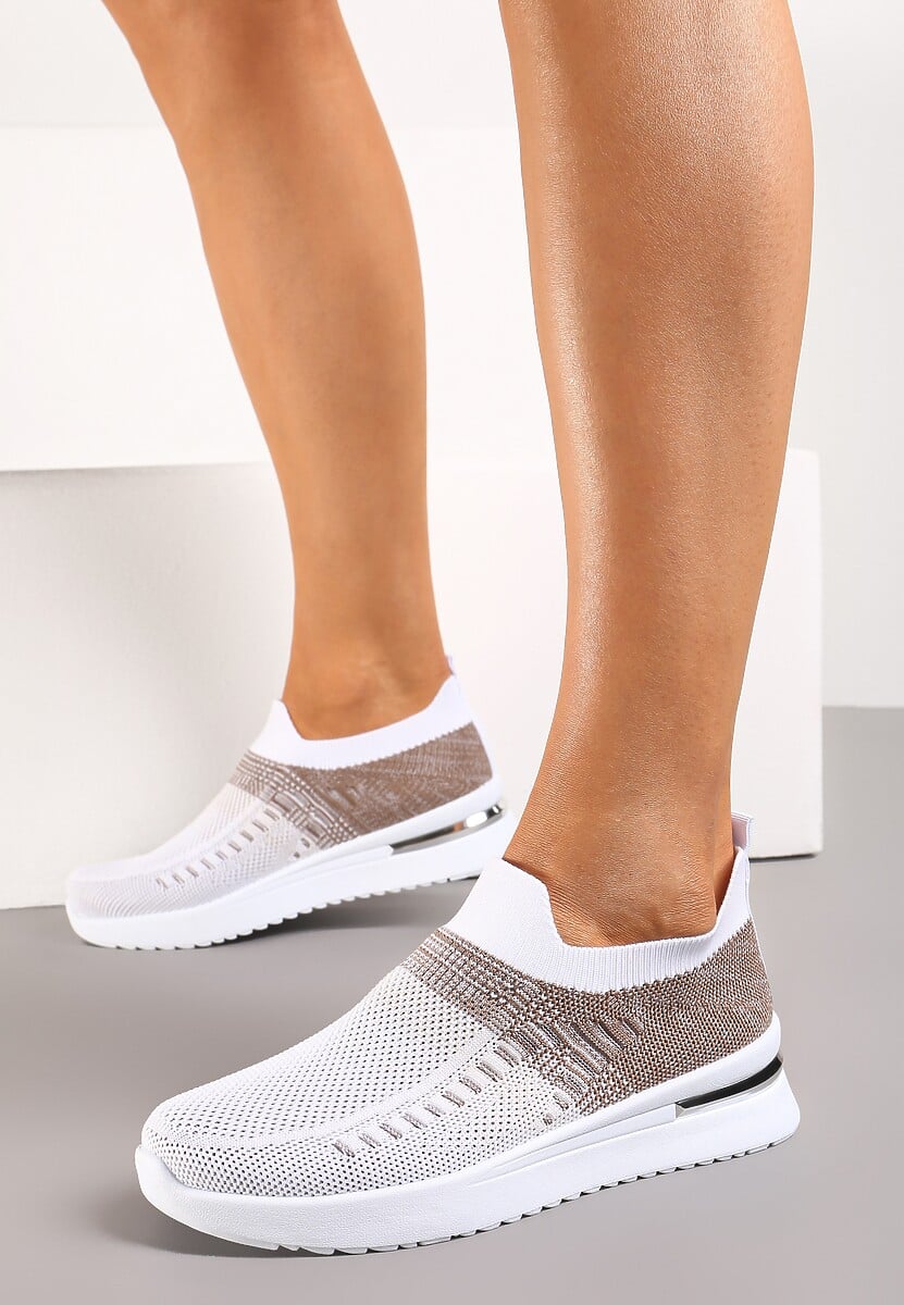 Biało-Różowe Buty Sportowe z Nadrukiem Obmre i Skarpetkową Cholewką Erinevia