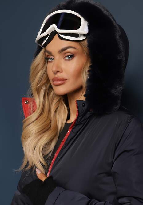 Granatowa Długa Kurtka Płaszcz o Dwustronnym Fasonie z Kapturem Astrae