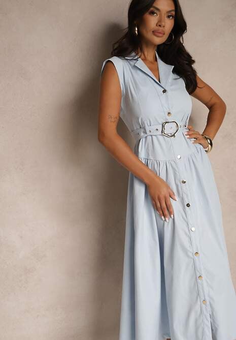 Niebieska Koszulowa Sukienka z Ozdobnym Paskiem Deviolin