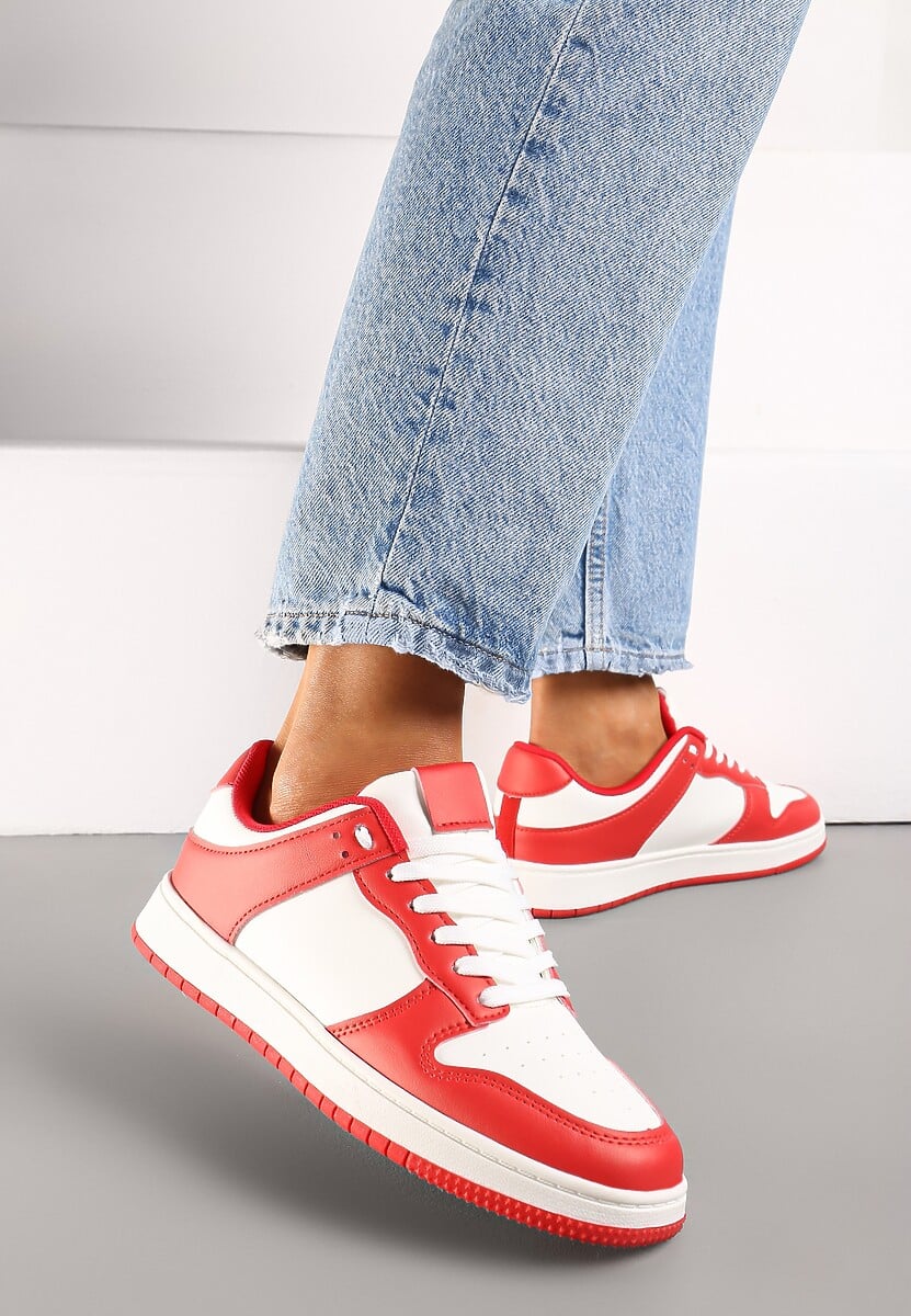 Biało-Czerwone Sznurowane Sneakersy na Płaskiej Podeszwie z Imitacji Skóry Bioriana