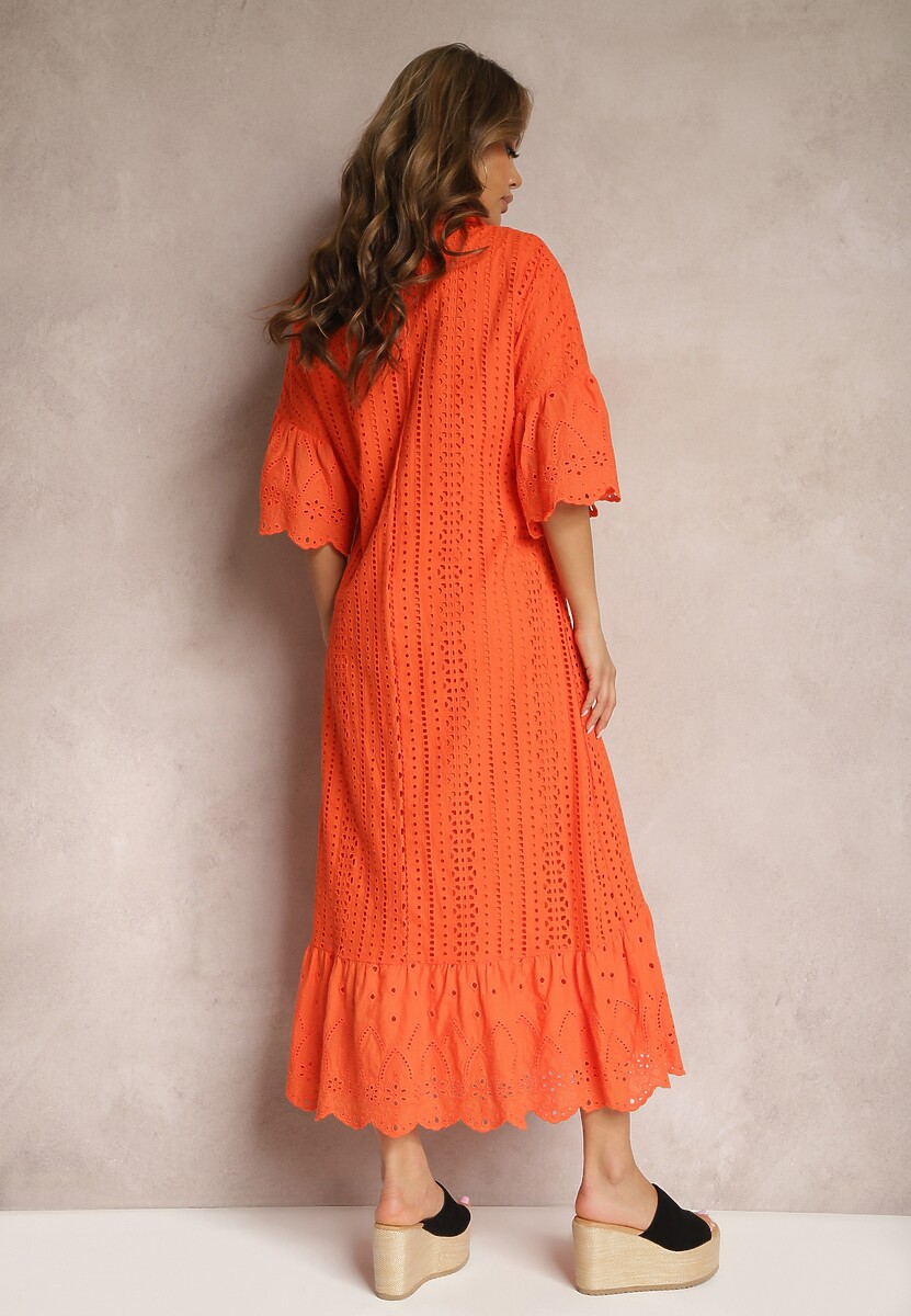 Pomarańczowa Koronkowa Sukienka z Bawełny z Rękawem 3/4 o Rozszerzanym Kroju z Falbanką Mines