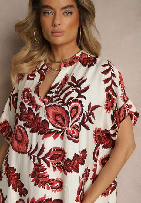 Bordowa Sukienka z Lnem i Wiskozą w Etniczne Kwiaty o Pudełkowym Kroju Natireia