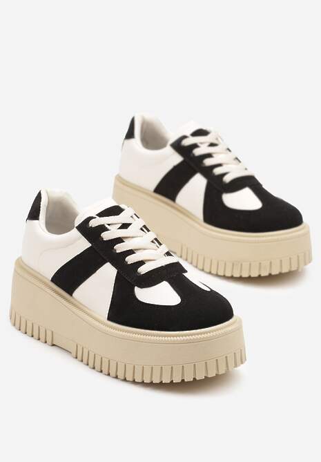 Czarno-Beżowe Sneakersy na Platformie Ozdobione Paskiem Vivesse