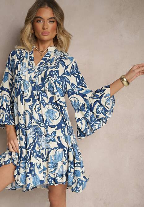 Niebieska Rozkloszowana Sukienka w Kwiatowy Print z Falbankami Ridirine