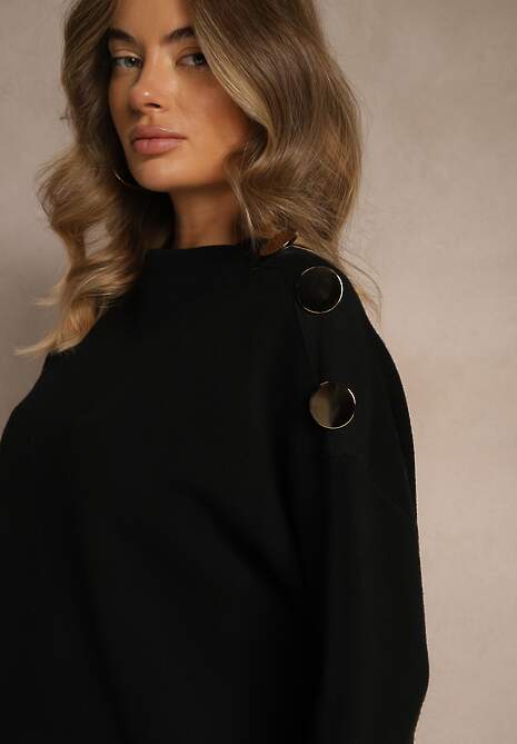 Czarny Sweter z Metalicznymi Guzikami na Ramieniu Ederlia