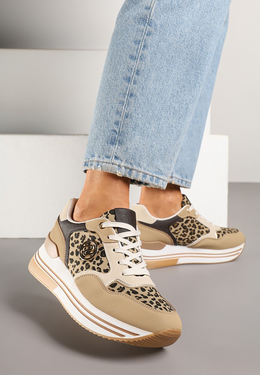 Panterkowe Sneakersy na Platformie z Metaliczną Ozdobą Roniane