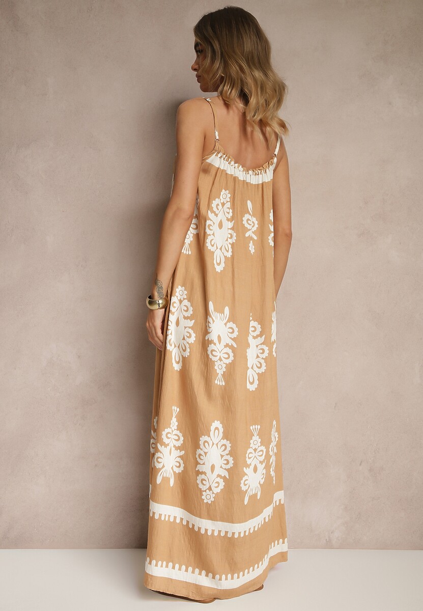 Jasnobrązowa Rozkloszowana Sukienka na Ramiączkach w Ornamentalny Print Reveleine