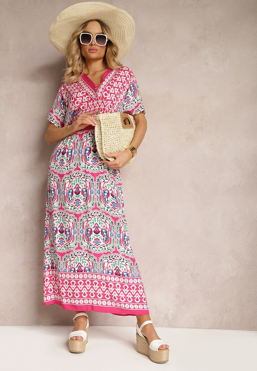 Fuksjowa Wiskozowa Sukienka Boho z Gumką w Pasie i Trójkątnym Dekoltem Casalina