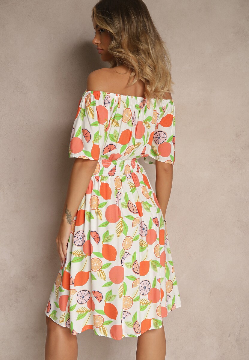 Pomarańczowa Sukienka Typu Hiszpanka z Bawełną ze Wzorem Cytrusów Aprona