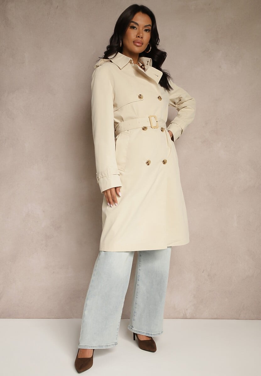 Beżowy Dwurzędowy Płaszcz Trencz z Paskiem i Elegancką Klapą Fireti