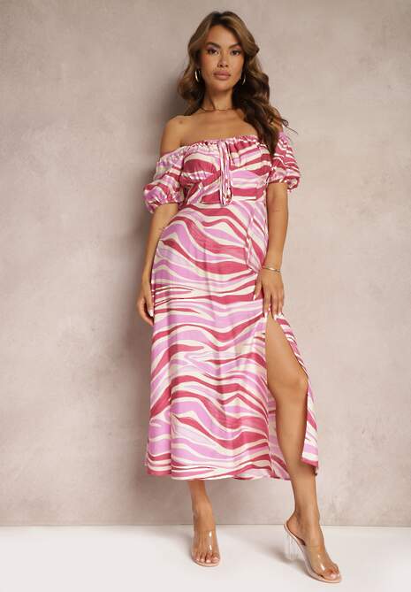 Ciemnoróżowa Sukienka z Bawełną i Wiskozą Ściągana przy Dekolcie Dimittha