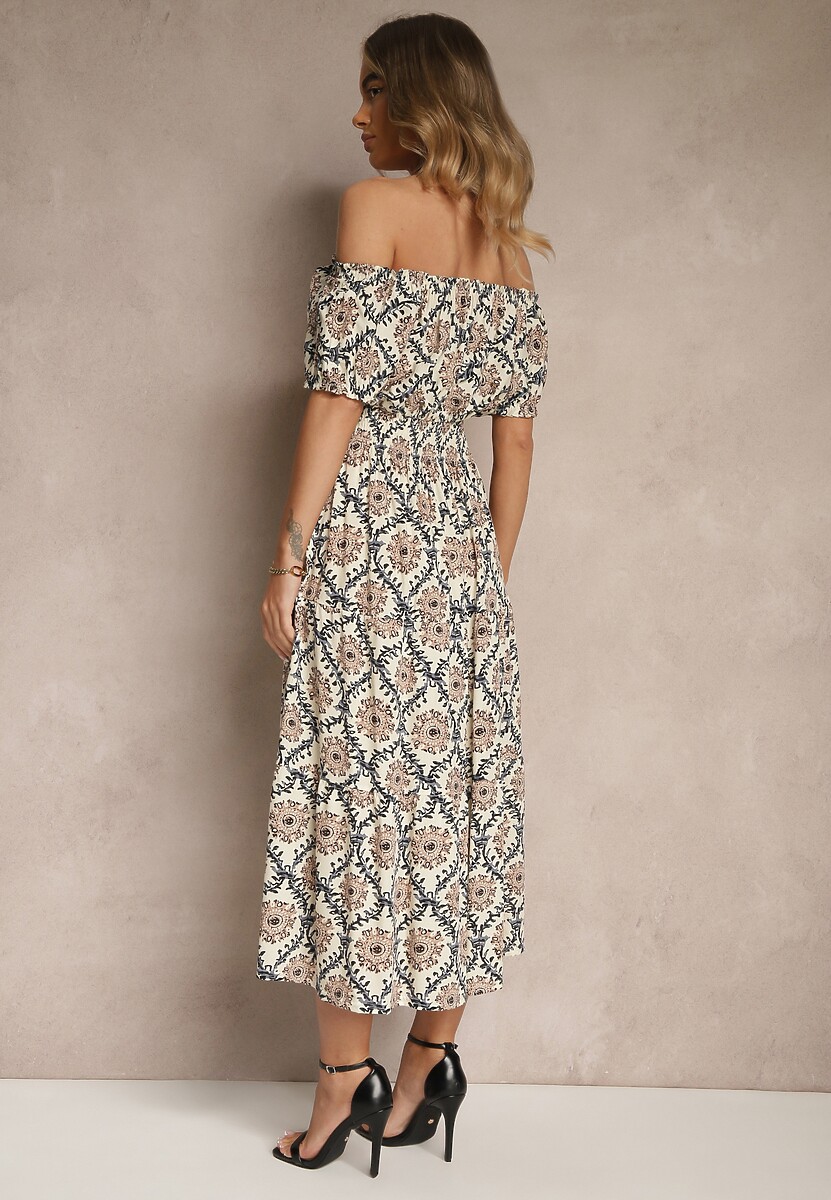 Beżowo-Niebieska Sukienka z Bawełną Ozdobiona Bufiastymi Rękawami Revalle