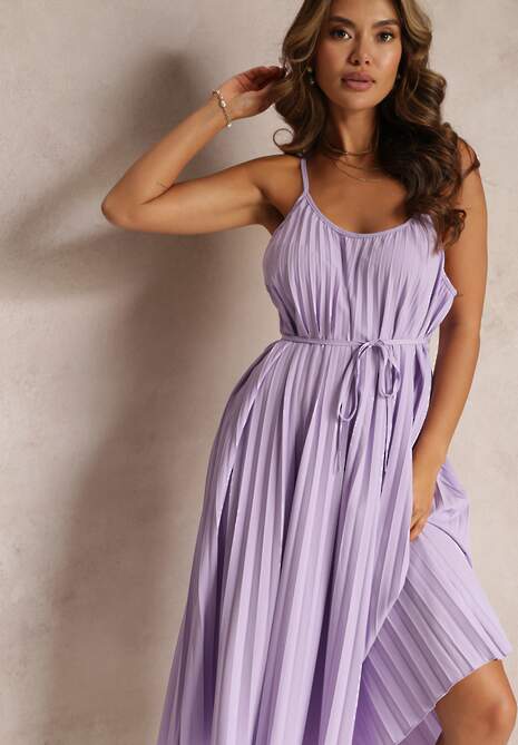 Fioletowa Letnia Sukienka Ozdobiona Plisowaniem i Wiązaniem w Pasie Aziel