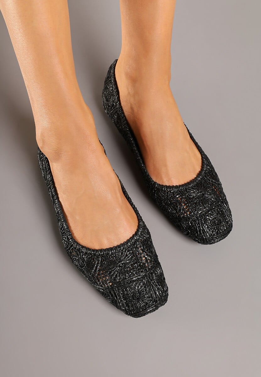 Czarne Balerinki z Cholewką z Plecionki Relore