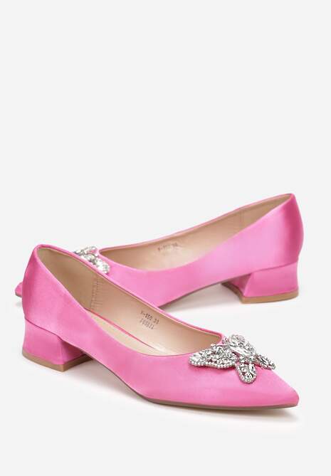 Fuksjowe Czółenka na Niskim Obcasie ze Szpiczastym Noskiem i Metalowym Motylem z Cyrkoniami Zeneta