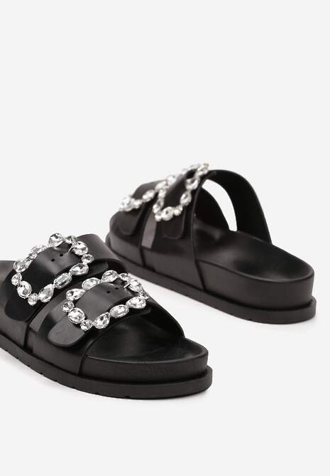 Czarne Regulowane Klapki na Płaskiej Podeszwie Zdobione Cyrkoniami Melalia