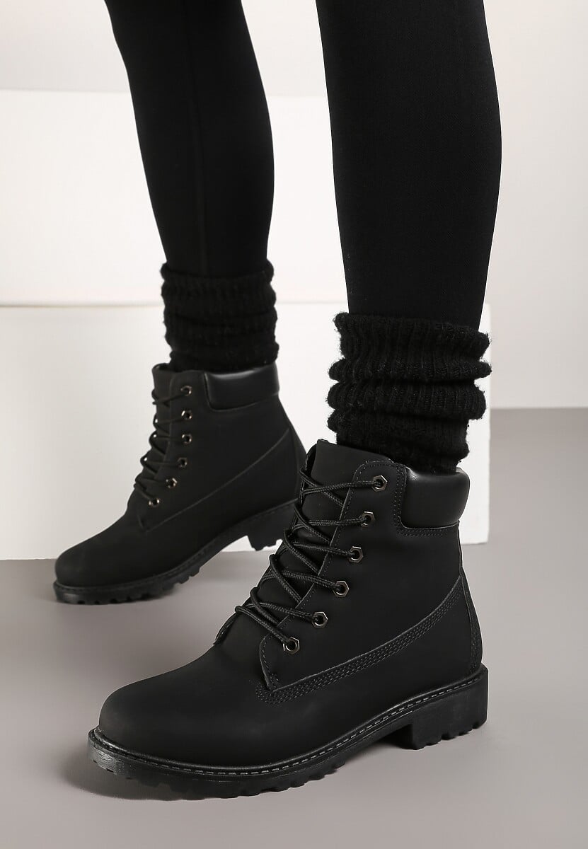 Czarne Sznurowane Botki Workery Sidnesa
