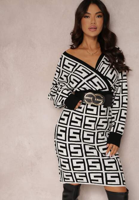 Biała Sukienka Wełniana w Geometryczny Wzór Hamu