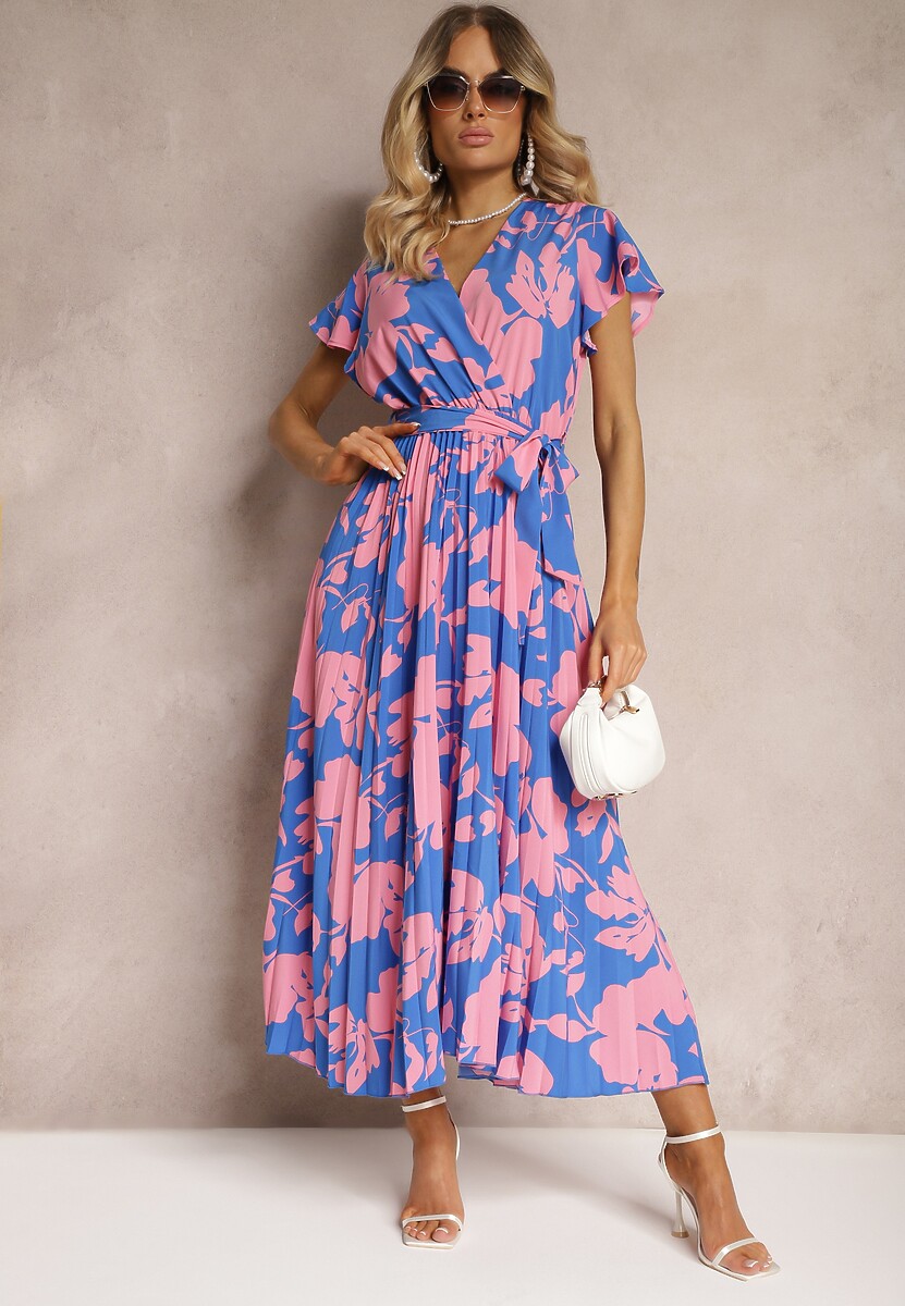Niebiesko-Różowa Kopertowa Plisowana Sukienka Koktajlowa z Gumką i Paskiem w Talii Benelsea