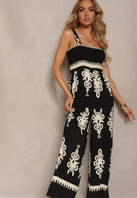 Czarno-Beżowy Wiskozowy Kombinezon z Marszczonym Dekoltem na Ramiączkach z Długimi Nogawkami Amperia